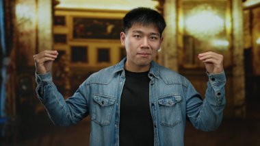 Genç bir adam müzede durmuş, kot ceket giymiş, etkileyici jestler yapıyor. Kapalı bir ortamda duygularını yansıtıyor. Ilık bir ışık, dramatik bir sahneyi işaret ediyor.