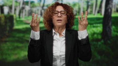 Parkta nefes egzersizi yapan İspanyol kadın gözlük ve takım elbise takıyor, açık havada yemyeşil ağaçlar ve çimlerle çevrili..