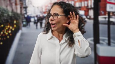 Şehir merkezinde gözlüklü bir kadın kıvırcık saçlı ve beyaz gömlekli bir kadını dinliyor..