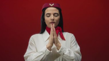 Kırmızı eşarplı ve şapkalı bir kadın uçuş görevlisi gözleri kapalı ve elleri dua ederken canlı kırmızı bir duvar arkasında barışı ve odaklanmayı simgeliyor..