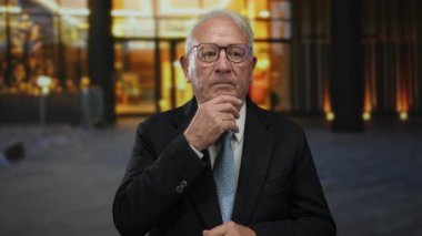 İş elbisesi giymiş kıdemli bir adam aydınlanmış arka plana karşı düşünceli bir ifadeyle sokakta dikiliyor, profesyonelliği şehir atmosferiyle harmanlıyor..