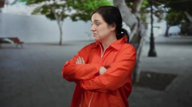 Açık havada, parlak turuncu hapishane tulumu giymiş bir kadın ağaçlarla dolu bir sokakta düşünceli görünüyor..