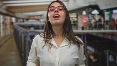 Parlak bir alışveriş merkezinde ağzı açık ve avuç içi açık bir şekilde nefes alan genç İspanyol kadın. Huzur..