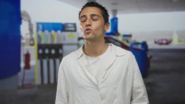 Beyaz tişörtlü genç İspanyol bir adam arka planda bulanık benzin pompalarıyla bir benzin istasyonunda..
