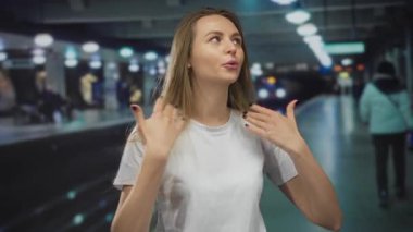 Beyaz gömlekli bir kadın, kapalı tren istasyonunda kendini yelliyor. Yapay ışıkların altında, bulanık demiryolu arka planında sıcak bir şekilde beliriyor..