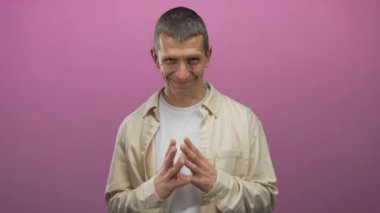 İzole edilmiş pembe arka plana gülümseyen bir adam bej gömlekli ve parmakları birbirine kenetlenmiş beyaz bir tişört giyiyor..