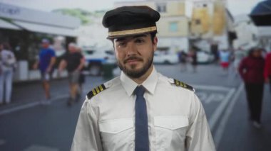 Başkomiser üniforması giyen, şehir sokaklarında şapkalı, arka planda yayalar ve araçlar olan genç bir adam şehir atmosferini yakalıyor..
