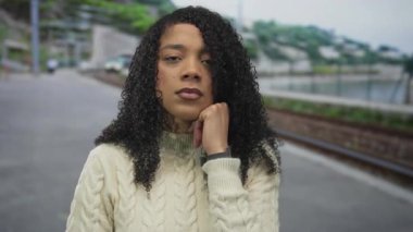 Demiryolu raylarına bakan bir tren istasyonunda yanağını dinlendirirken; tefekkür.