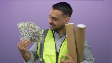Yansıtıcı yelek giyen adam mor stüdyodaki dolar banknotlarını elinde birkaç rulo plan tutuyordu..