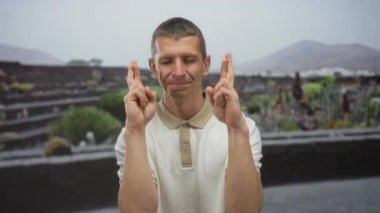 Açık havada, huzurlu bir parkta gözleri kapalı duran bir adam manzaralı bir arka plana karşı umut ya da beklenti içinde..