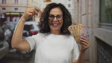Anahtarları ve Meksika pesolarını elinde tutan kadın, sokaklarda emlak başarısını öneriyor, sergilenen banknotlarla ekonomik kazancı gösteriyor.