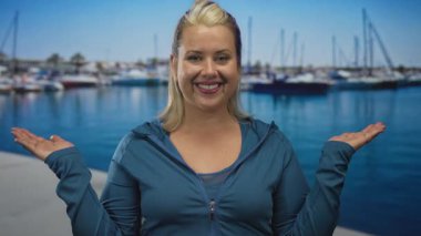 Güneşli bir yat limanında, arkasında tekneler ve berrak gökyüzünün altında ışıl ışıl mavi su sunan bir kadın..