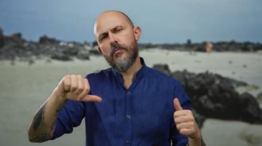 Sakallı bir adam bulutlu bir gökyüzünün altında mavi bir gömlek giyerken kayalık bir sahilde güven içinde el kol hareketi yaparak engebeli bir çevreyi gösteriyor..