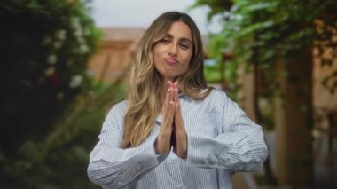 Kadın, yeşil sarmaşıklarla çevrili güneşli bir bahçede, nazikçe bir jest yaparak avuç içlerini birbirine bastırıyor..