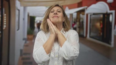 Orta yaşlı beyaz kadın hareketli bir şehir caddesinde uyku jesti ile iki elini yanağına bastırıyor..