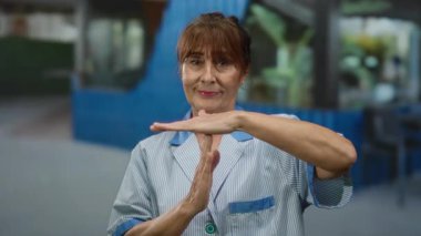 İspanyol kadın son sınıf öğrencisi, şehir sokaklarında çalışırken, üniforma giyerken, şehir hayatının ve adanmışlığın özünü vurgularken mola veriyor..