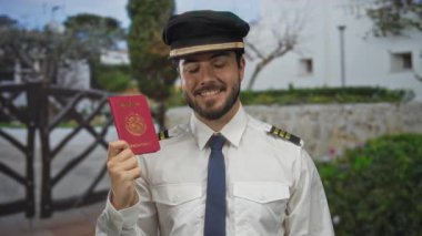 Genç pilot Meksika pasaportu tutuyor, güneşli bir günde dışarıda duruyor, seyahat etmeye hazır, üniformalı ve şapkalı, yemyeşil bir bahçede dostça bir gülümseme takınıyor..