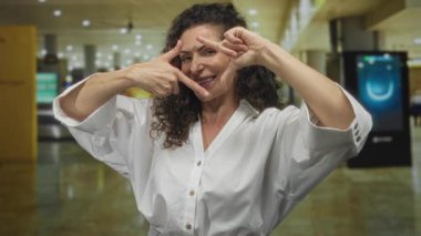 Kalabalık havaalanı terminalinde parmakları olan beyaz gömlekli kadın kompozisyonu; merak vizyonu.