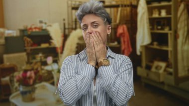 Kısa gri saçlı kadın, kapalı mağazada mağaza eşyalarıyla çevrili işaret parmağıyla yanağa dokunuyor; sessiz tefekkür.