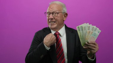 İş ve finans konularında tecrit edilmiş pembe bir geçmişe karşı elinde Czech Koruna banknotları tutan kıdemli bir adam.