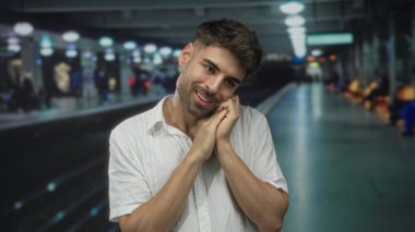 Demiryolu istasyonunda elleri bağlı beyaz keten gömlekli bir adam, umut verici bir beklenti.