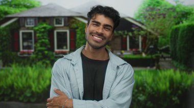 Açık havada yeşil yeşilliklerin arasında tuğla bina girişinin yanında kolları çapraz duran İspanyol genç adam, güven..