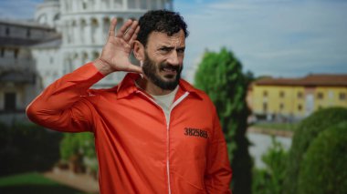 Turuncu tulumlu İspanyol adam arka planda yemyeşil yemyeşil bir kule olan pisa kulesinin yakınından dinliyormuş gibi yapıyor, merakını iletiyor ve kaçıyor..