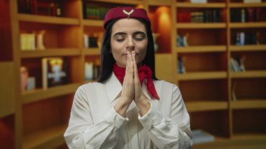 Üniformalı kadın, şehir arka planında elleri sımsıkı bağlı bir şekilde dışarıda dua ediyor. Yoğun bir ortamda umut ve maneviyat uyandırıyor. İç huzuru yansıtıyor..