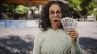 Orta yaşlı bir kadın elinde Mısır banknotlarıyla şehirde sürpriz yaparak beklenmedik bir mali kazanç öneriyor..