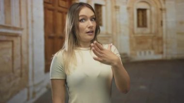 Eski bir üniversitenin önünde duran bir kadın, el ele tutuşarak şaşkınlığını dile getiriyor, etrafı tarihi mimariyle çevrili, parlak gün ışığında akademik bir ortama işaret ediyor..