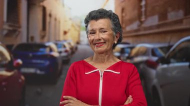 Gri saçlı ve kırmızı elbiseli yaşlı bir kadın arabalarla dolu kalabalık bir şehir sokağında gülümsüyor, hayat dolu bir kasabada kollarını kavuşturarak güven saçıyor..