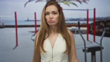 Kadın spor salonunda beyaz kolsuz bluzuyla parlak dudaklarını büzüyor metal egzersiz ekipmanlarının arasında barfiks çekiyor; üzüntü.