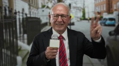 Üst düzey bir adam mikrofonla şehir caddesinde iş elbisesi ve kravat takıyor, parmaklarıyla işaret ediyor, açık havada güvenle gülümsüyor..