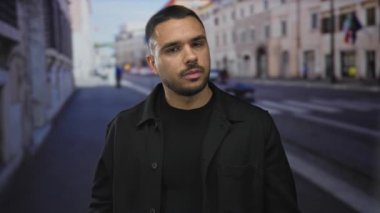 Siyah ceketli ve tişörtlü bir adam güneşli caddede avuçlarını açıyor tarihi kentsel binalarla dolu; belirsizlik.