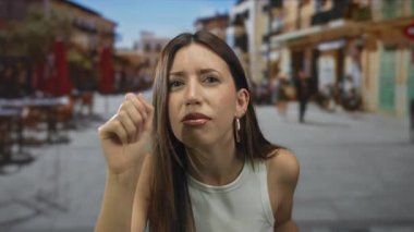 Kırış kırış kaşlı genç İspanyol kadın, şehir sokak sahnesinde bulanık yayalarla avucunu kameraya kaldırıyor; reddedilme direnci sınırları.