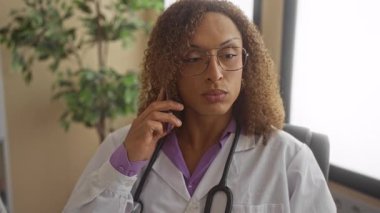 Klinikte kendine güveni tam beyaz önlüklü bir kadın telefonla kulağına steteskop takıyor..