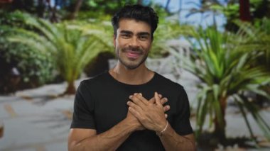 Adam meşgul sokakta yemyeşil yeşillik çerçeveli gülen yüz ile ellerini göğsüne koyar; minnettarlık.