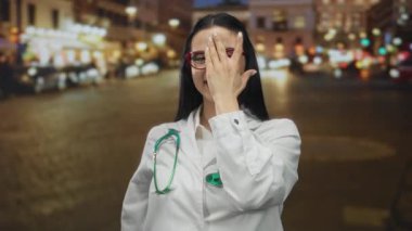 Gece sokakta steteskoplu kadın doktor, üniforma giyiyor, gülümsüyor ve yüzünü örtüyor, şehir dışını gösteriyor, renkli ışıkları ve canlı bir atmosferi var..