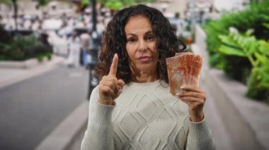 Şehirde elinde düşünceli bir ifadeyle Philippine Pesos 'u tutan bir kadın yeşillik ve trafik geçmişiyle dolu işlek bir caddede kendini işaret ediyor..