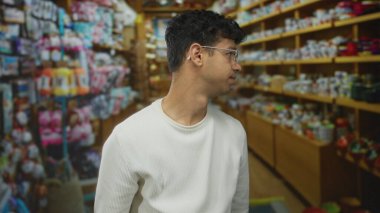 Parlak binadaki kalabalık hırdavatçı raflarını tararken adam gözlükleri ayarlar; merak.