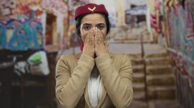 Üniformalı İspanyol kadın uçuş görevlisi şehir sokaklarında endişeli görünüyor..