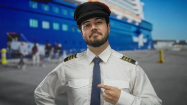 Sakallı ve kaptan üniformalı genç bir adam limanda güvenle gülümsüyor. Arka planda büyük mavi bir gemi var. Denizcilik temalı ve İspanyol kökenli olduğunu gösteriyor..