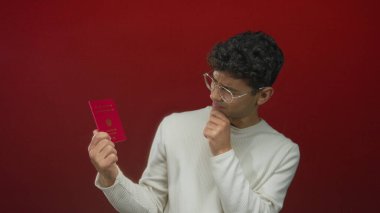 Avusturalya pasaportu tutan ve stüdyoda vize bilgilerini okuyarak çeneye dokunan İspanyol genç adam..