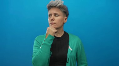 Mavi stüdyo duvarının önünde kısa saçlı ve eli çenesinde dalgın bir ifade olan bir kadın..