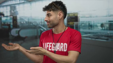 Kırmızı tişörtlü genç İspanyol cankurtaran meşgul havaalanı terminalinde ellerini açık tutuyor..