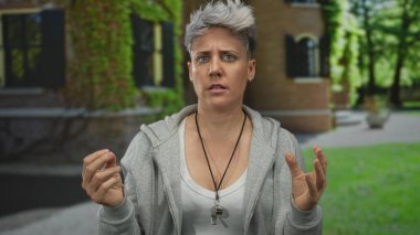 Açık bina girişinde el kaldırarak ıslık çalan kadın koç; takım çalışması kararlılığı.