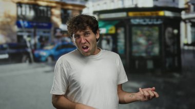 İspanyol bir adam komik bir ifade takınıyor ve kalabalık bir sokakta gitar çalıyor gibi yapıyor. Canlı etkinliklerle dolu bir şehir ortamında mizah ve yaratıcılık ifade ediyor..