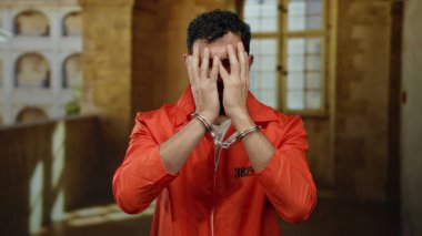 Turuncu tulumlu ve kelepçeli bir adam eski bir üniversite kampüsünde duruyor..