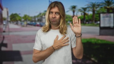 Beyaz tişörtlü, uzun sarı saçlı bir adam bir elini göğsünde tutuyor ve diğer elini güneşli bir sokak sahnesinde kaldırıyor..