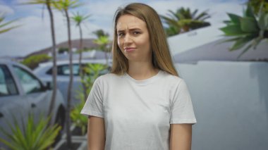 Güneşli bir sokakta, etrafta palmiye ağaçları ve arabalarla hoşnutsuzluğunu ifade eden bir kadın..